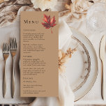 Menu Mariage Simple Minimal Terracotta de Feuille d'Aut<br><div class="desc">Ce simple menu de mariage minimaliste en terre cuite à motif de feuille d'automne est inspiré par l'élégance délicate de la transition de la nature, avec un charme rustique et simple qui capture l'essence de l'automne. Ce design présente une feuille d'érable minimaliste boho, sur un fond en terre cuite. Chaque...</div>