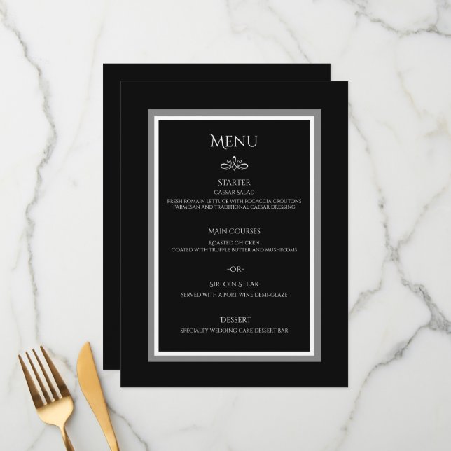 Menu Mariage simple minimaliste noir et blanc élégant (Devant/Arrière en situation)