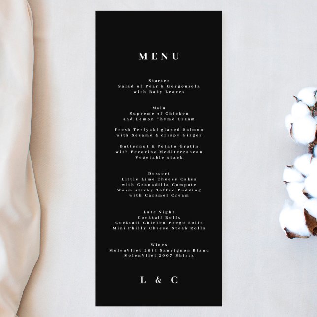 Menu Mariage simple Monogramme noir blanc élégant (Créateur téléchargé)