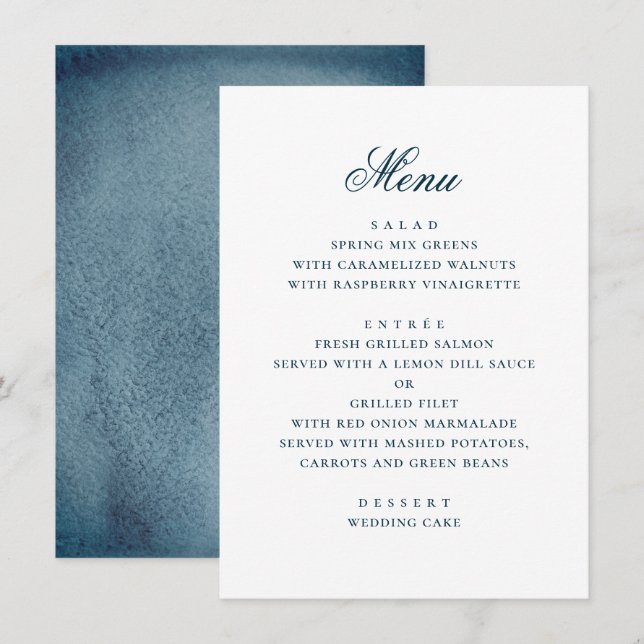 Menu Mariage simple nautique bleu marine aquarelle (Devant / Derrière)