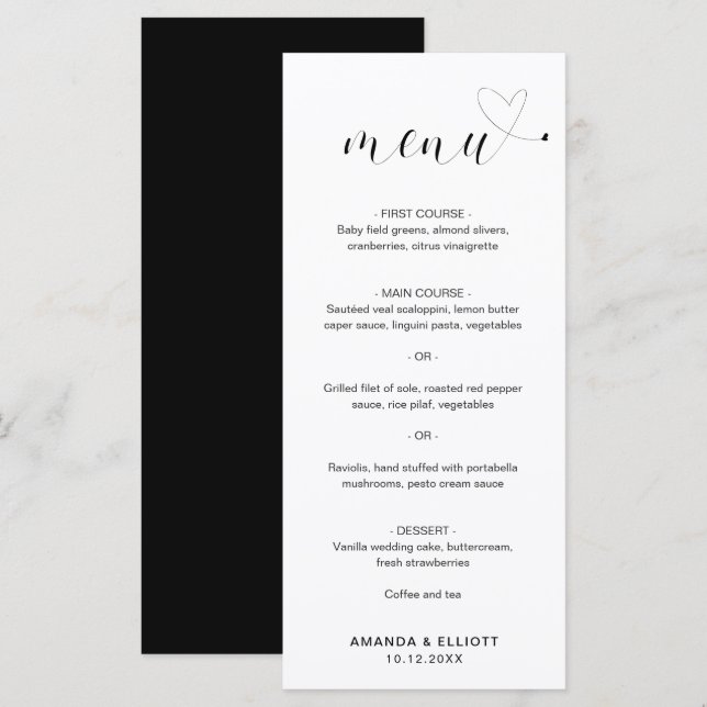 Menu Mariage Simple Noir et Blanc Cœur Mignon (Devant / Derrière)