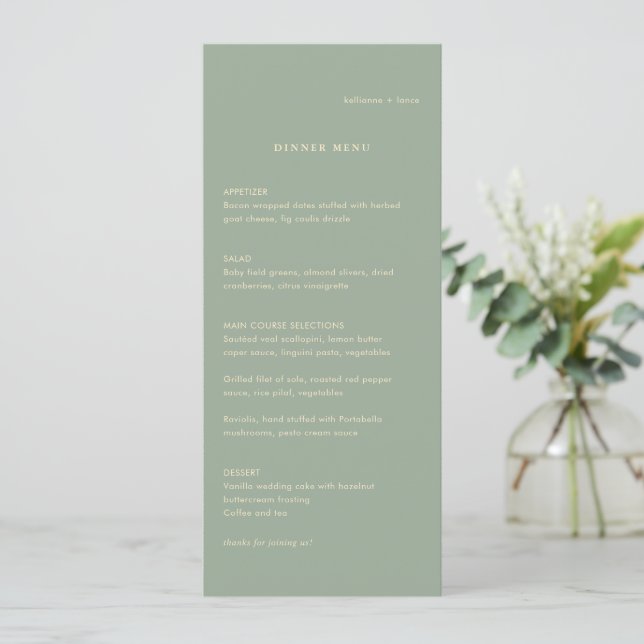 Menu Mariage Simple Vert Sauge Moderne (Debout devant)