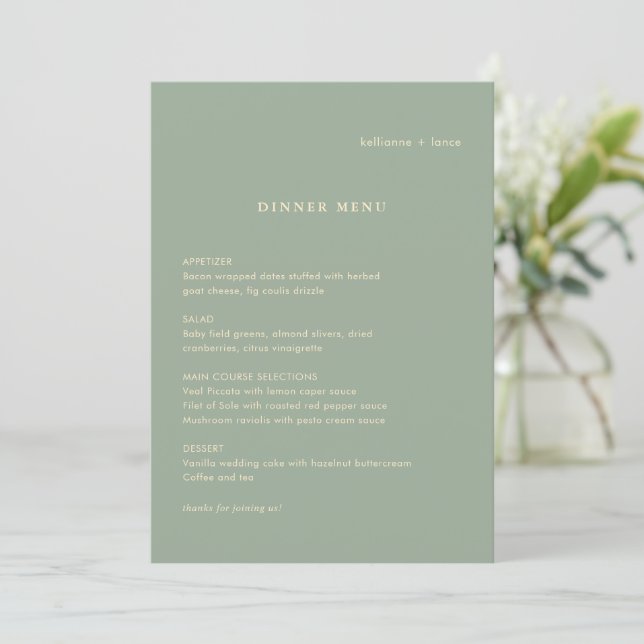 Menu Mariage Simple Vert Sauge Moderne (Debout devant)