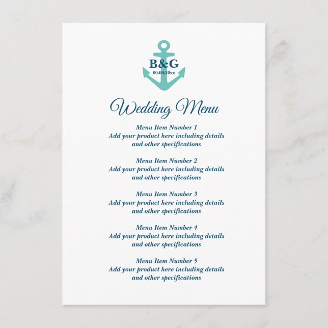 Menu mariage soigné avec logo d'ancrage nautique (Devant)