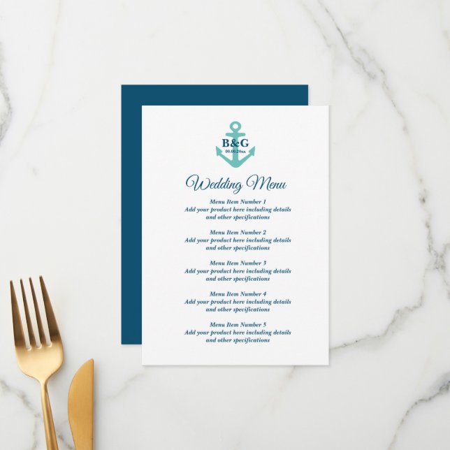 Menu mariage soigné avec logo d'ancrage nautique (Devant/Arrière en situation)