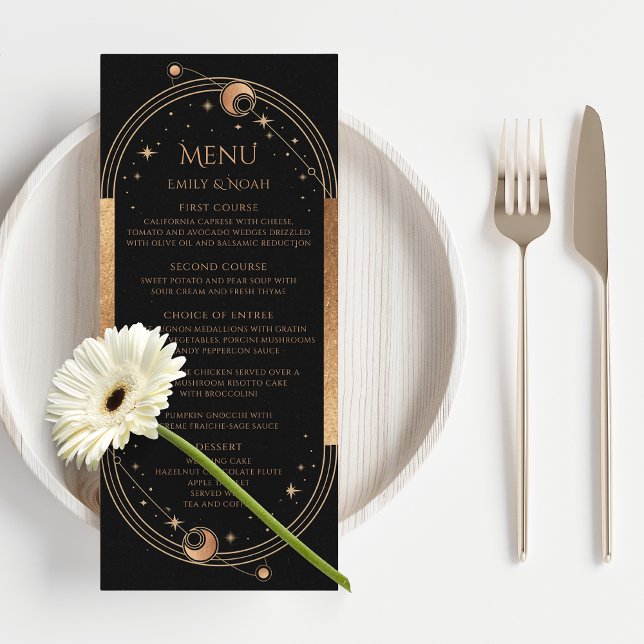 Menu Mariage Soleil Lune Étoiles Or Noir Céleste (Créateur téléchargé)