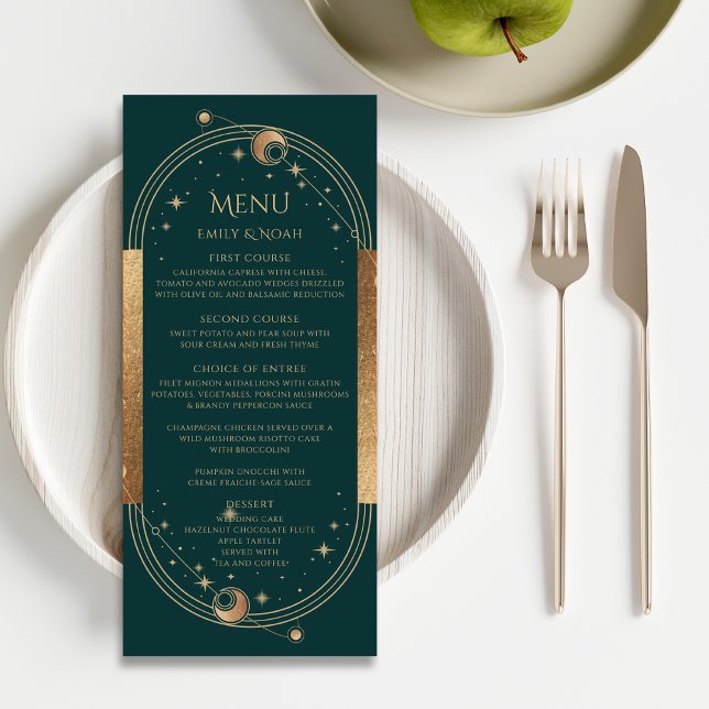 Menu Mariage Soleil Lune Étoiles Or Vert Céleste (Créateur téléchargé)