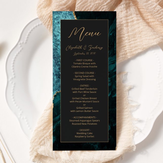Menu Mariage sombre moderne sarcelle bleu or agate (Créateur téléchargé)