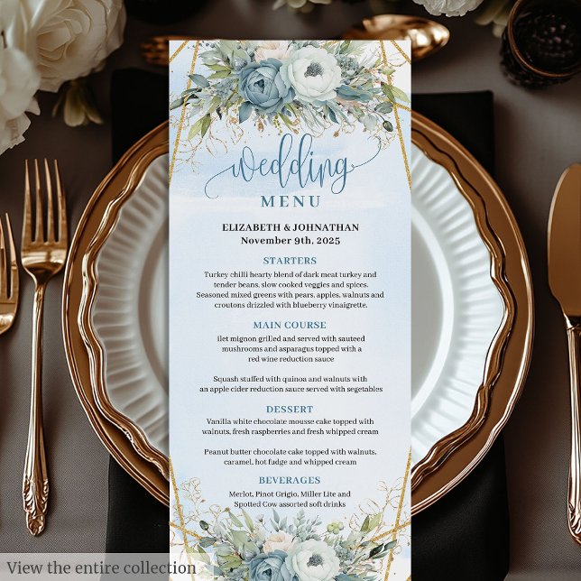 Menu Mariage sophistiqué Dusty Blue Eucalyptus (Sophisticated Dusty Blue Eucalyptus Wedding Menu)