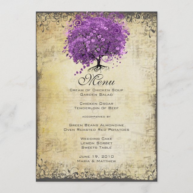 Menu Mariage sous l'arbre à feuilles en forme de cœur v (Devant)