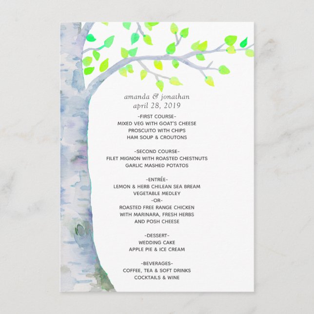 Menu Mariage sous les bouleaux au printemps à l'aquarel (Devant)
