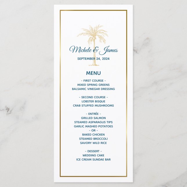 Menu Mariage sur la plage au pied d'un palmier bleu tro (Devant)