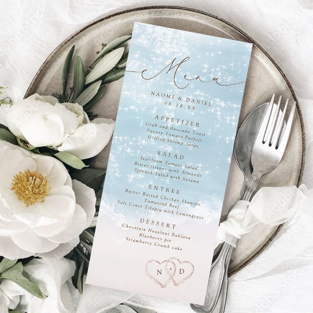 Menu Mariage sur la plage avec coeurs dans le sable en  (Modern Script Hearts In The Sand Beach Wedding Menu)