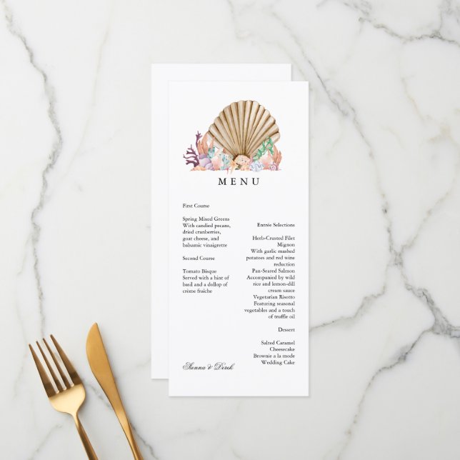 Menu Mariage sur la plage de corail et de coquillages (Devant/Arrière en situation)