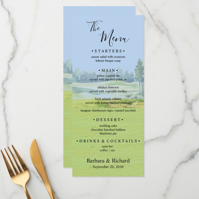 Menu Mariage sur le thème de golf à l'aquarelle personn (Créateur téléchargé)
