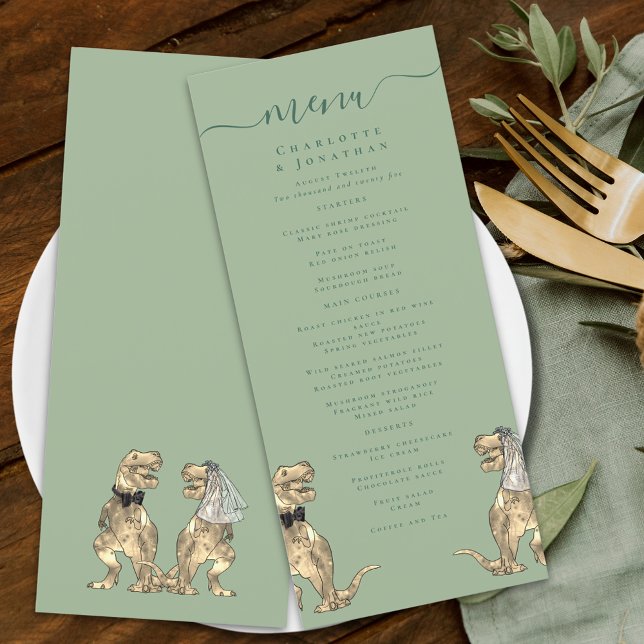 Menu Mariage sur le thème des dinosaures Vert sauge et  (Dinosaur wedding sage green modern elegant script menu T-Rex dino bride and groom destination)