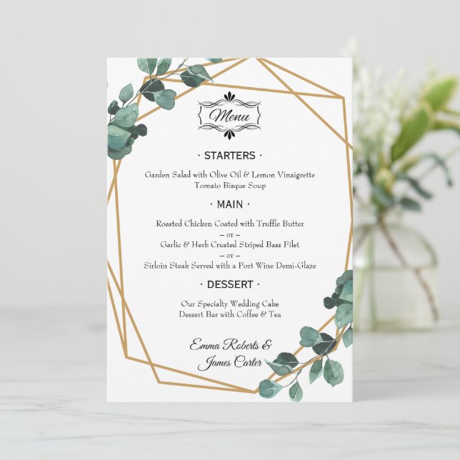 Menu Mariage table verte élégant (Debout devant)