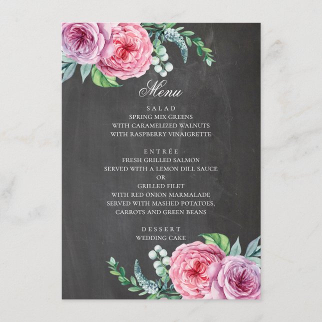 Menu Mariage tableau noir. Fleurs roses jardin bohème (Devant)