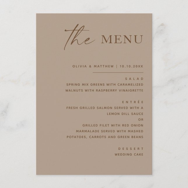 Menu Mariage Taupe Poussiéreux. Réception Moderne Chale (Devant)
