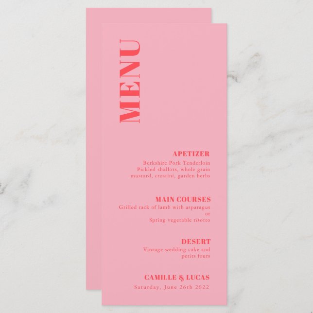 Menu Mariage tendance rose rétro (Devant / Derrière)