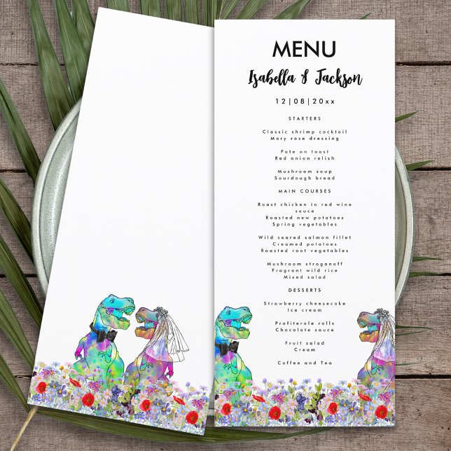 Menu Mariage Thème Dinosaures Fleur Sauvage Colorée (Dinosaur themed wedding menu with colorful T-Rex bride and groom in a colorful wildflower meadow)