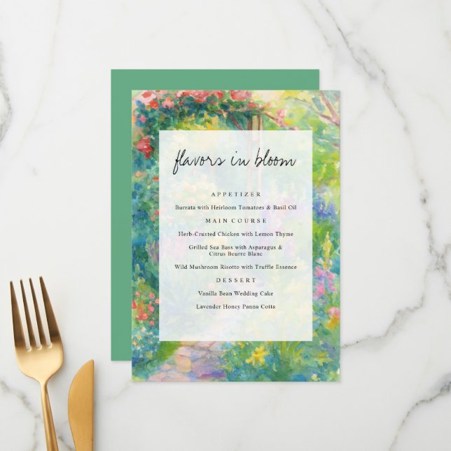 Menu Mariage Thème Jardin Aquarelle Fantaisiste (Devant/Arrière en situation)