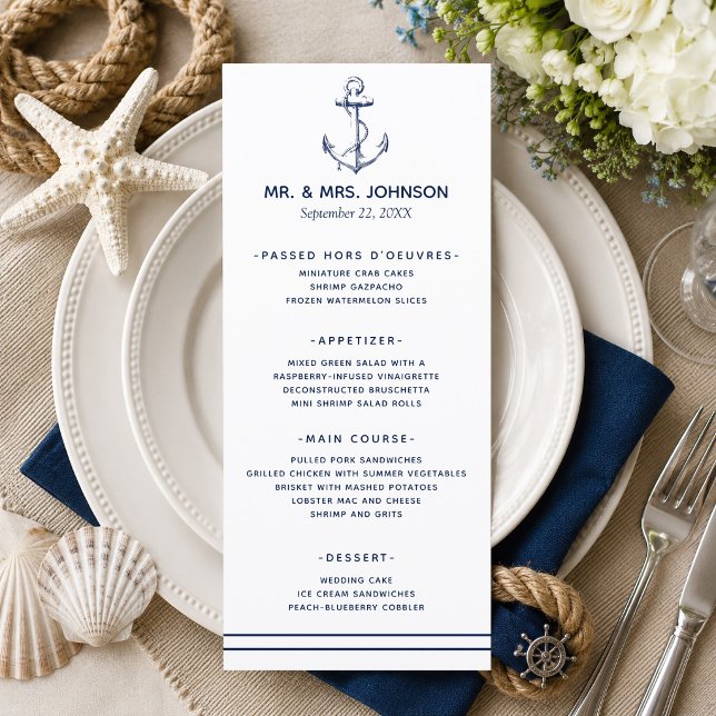 Menu Mariage Thème Nautique avec Ancre de la Marine (A nautical themed menu perfect for beach weddings and weddings by the sea! )