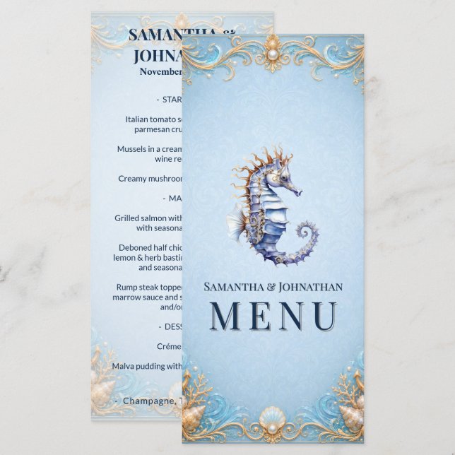 Menu Mariage thème plage hippocampe nautique coquillage (Devant / Derrière)