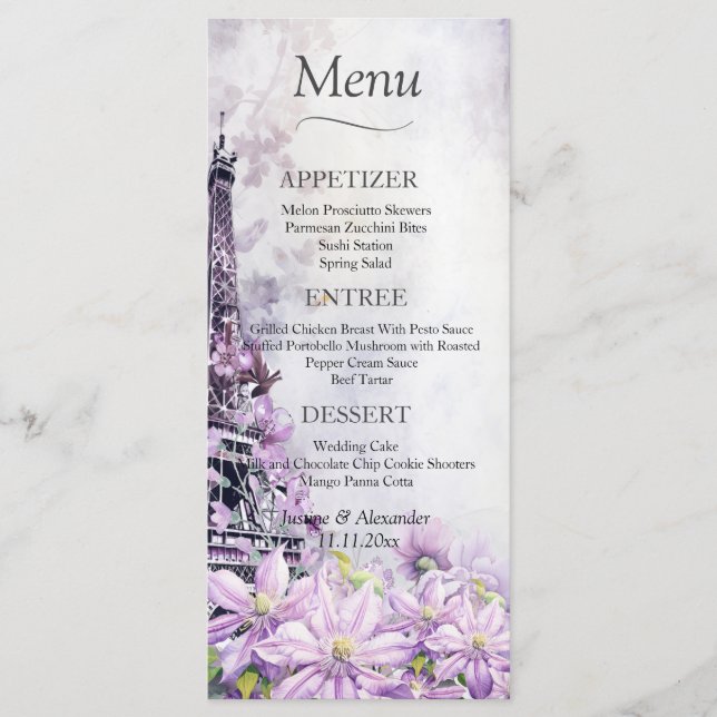 Menu Mariage Tour Eiffel Lavender Romance (Devant)