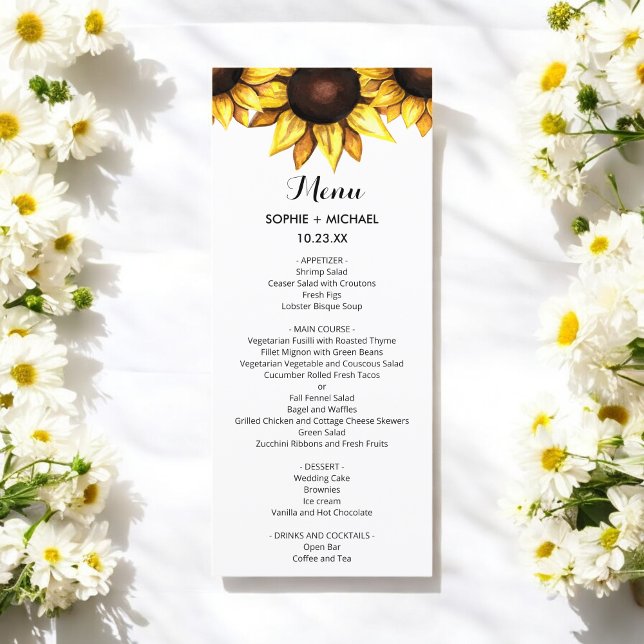 Menu Mariage tournesol Floral Blanc Jaune Carte (Créateur téléchargé)