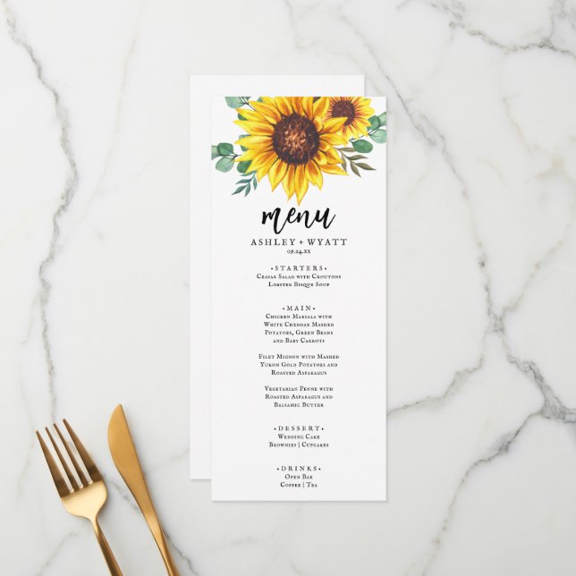 Menu Mariage Tournesol Jaune Moderne (Devant/Arrière en situation)
