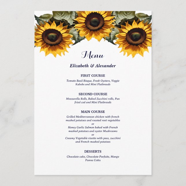 Menu Mariage tournesols jaunes jolis (Devant)