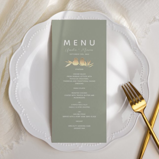 Menu Mariage Tourterelles Or Vert Sauge (Créateur téléchargé)