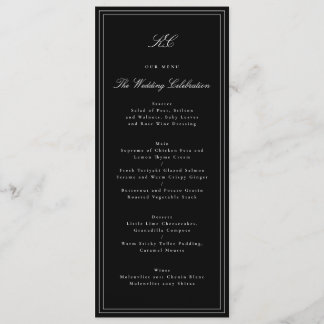 Menu Mariage traditionnel avec monogramme noir et blanc