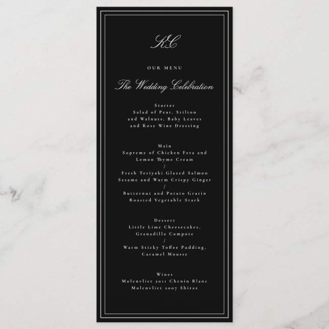Menu Mariage traditionnel avec monogramme noir et blanc (Devant)