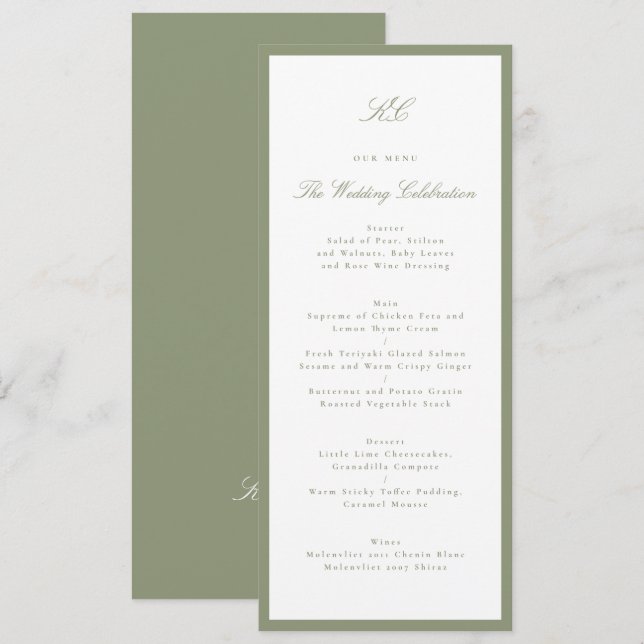 Menu Mariage Traditionnel Vert Sauge Monogramme (Devant / Derrière)