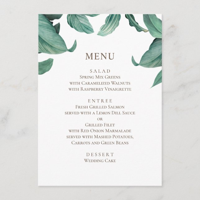 Menu Mariage tropical à la verdure. Botanique aquarelle (Devant)