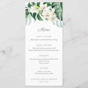 Menu Mariage Tropical avec Feuillage Vert et Bronze