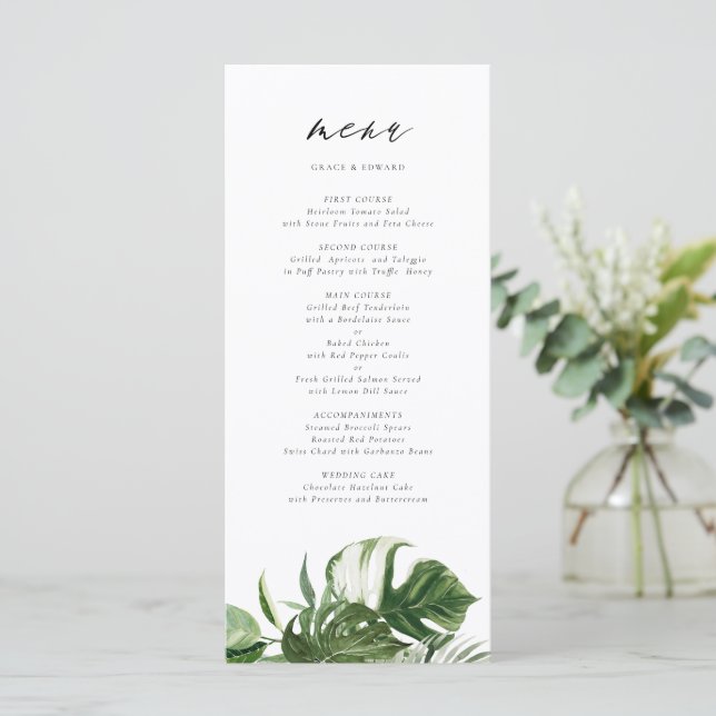 Menu Mariage tropical botanique Monstera aquarelle (Debout devant)