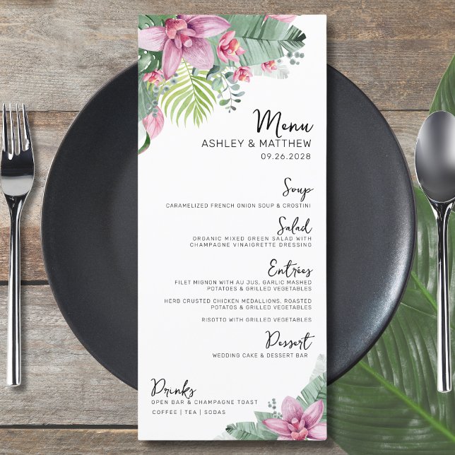 Menu Mariage Tropical Floral Aquarelle (Elegant Destination Floral Palm Tropical Wedding Menu)
