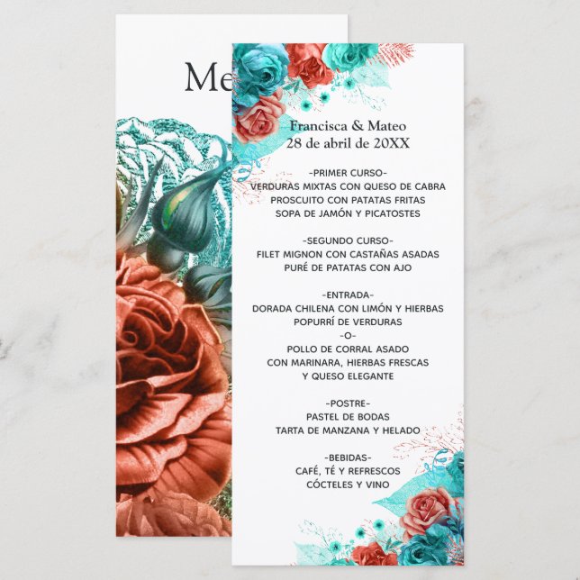 Menu Mariage tropical floral turquoise et corail (Devant / Derrière)