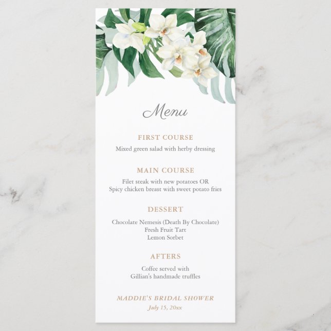 Menu Mariage Tropical Foliage Vert et Bronze Shower (Devant)