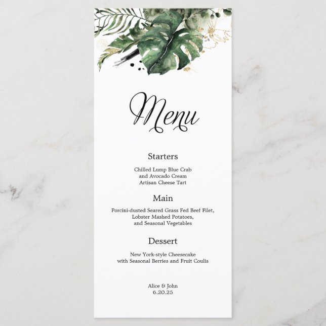 Menu Mariage Tropical Gold and Greenery (Devant)