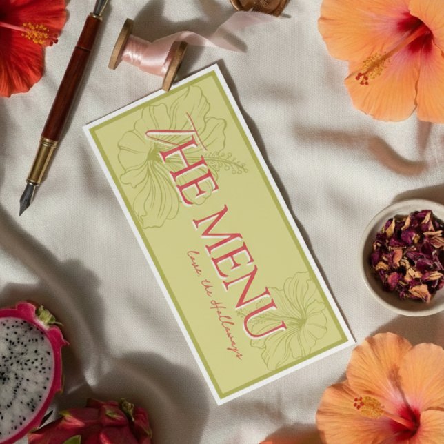Menu Mariage Tropical Hibiscus Chartreuse Vibrant (Elevate your reception table with this Tropical Hibiscus Chartreuse Vibrant Wedding Menu!)