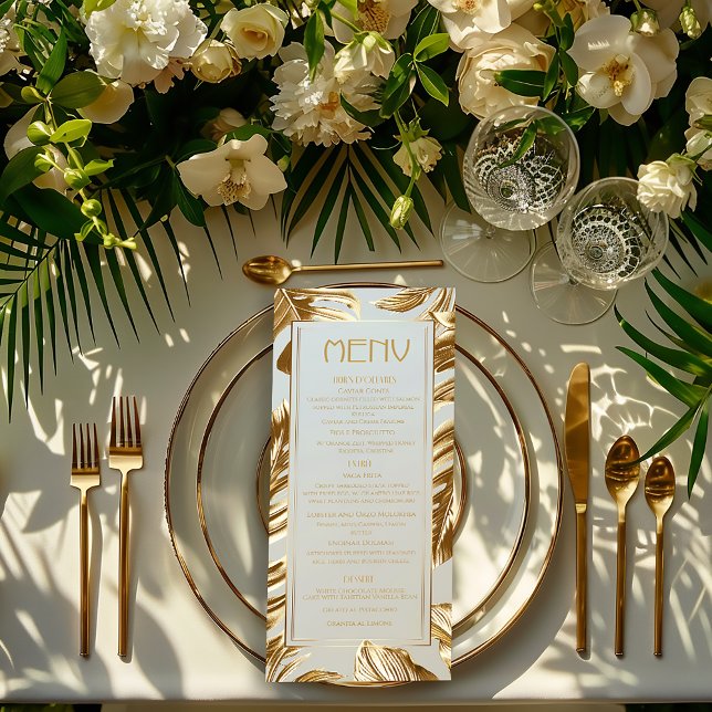 Menu Mariage Tropical Luxe Or Monstera (Stylish Gold Monstera Leaf Wedding Menu )
