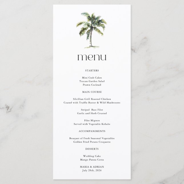 Menu Mariage Tropical Minimal sur la Plage avec un Palm (Devant)