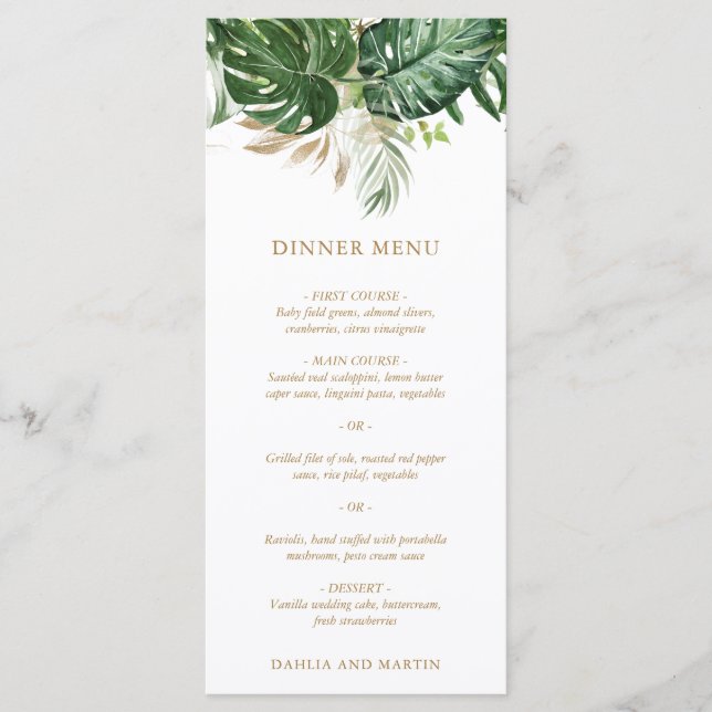Menu Mariage Tropical Moderne avec Feuillage Doré (Devant)