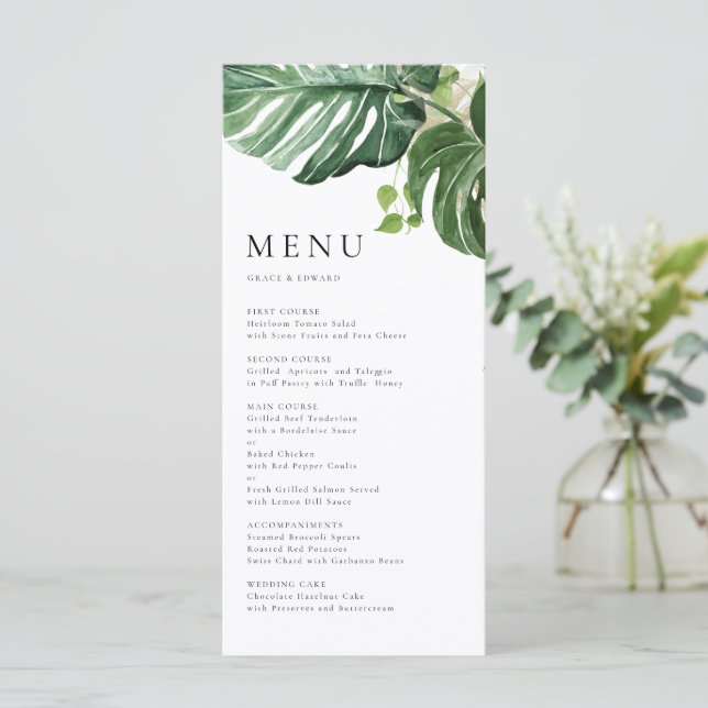 Menu Mariage Tropical Monstera à la Peinture à l'Eau (Debout devant)
