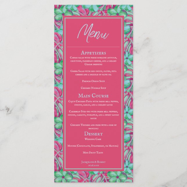 Menu Mariage tropical rose et vert (Devant)