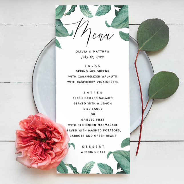 Menu Mariage tropical verdoyant. Aquarelle botanique (Créateur téléchargé)